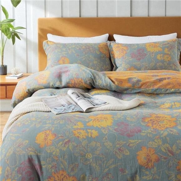 NEW Anthropologie Green Purple Floral Linen Queen / King Bedding Duvet Sham Set - Picture 1 of 10